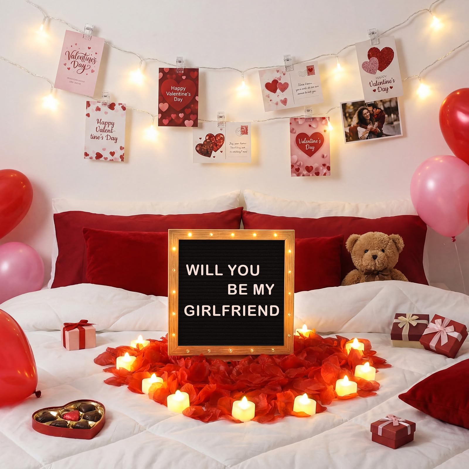 Ceenna Letrero romántico con texto en inglés "Will You Be My Girlfriend" con tablero de fieltro LED de 25,4 x 25,4 cm, letrero de madera de fieltro para fotos, cadena de luces, pétalos de rosa