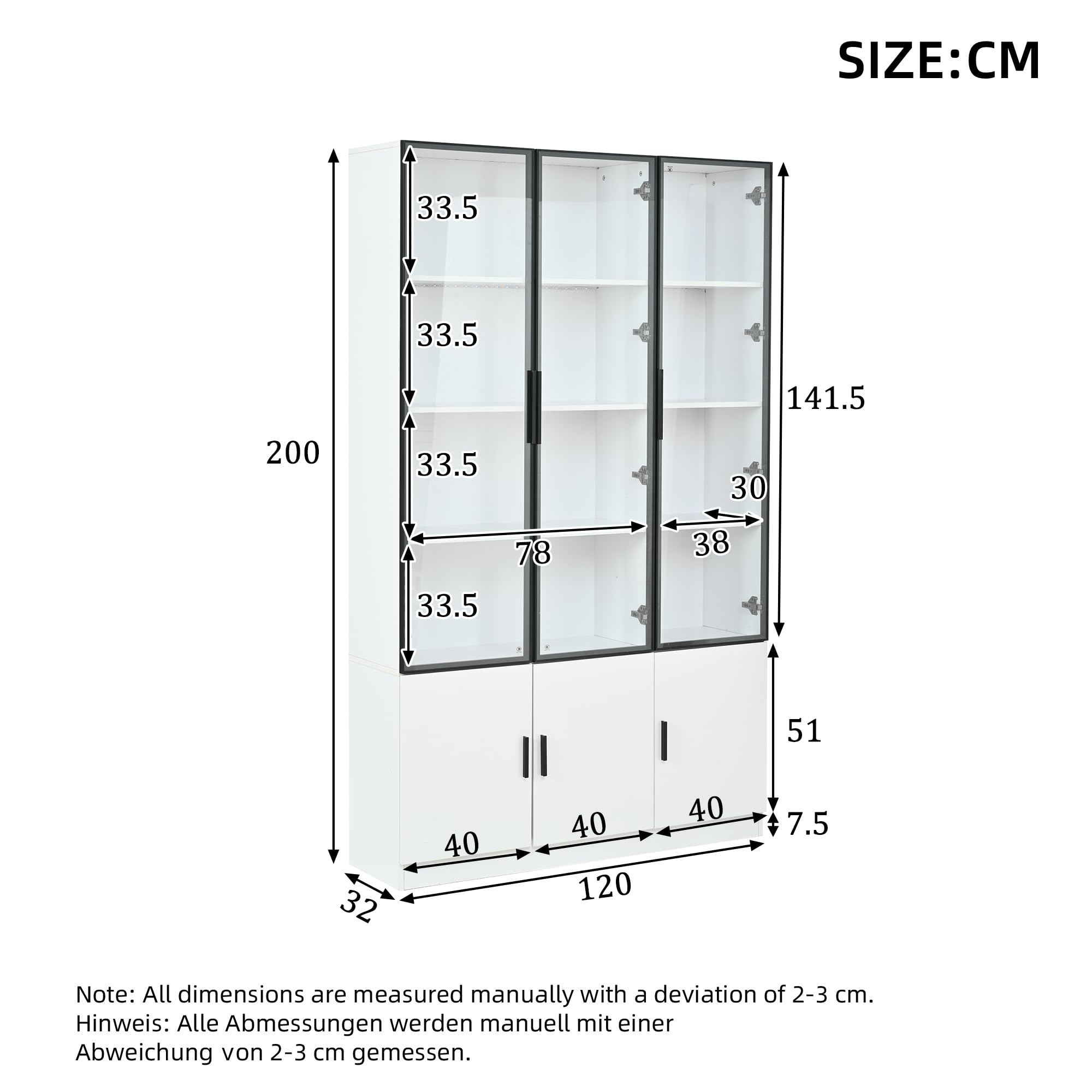 Dolamaní Witryna z oświetleniem LED, szklana witryna 120 x 32 x 200 cm, duża witryna szklana z 6 drzwiami szafy, do salonu, sypialni, wejścia (biała A)