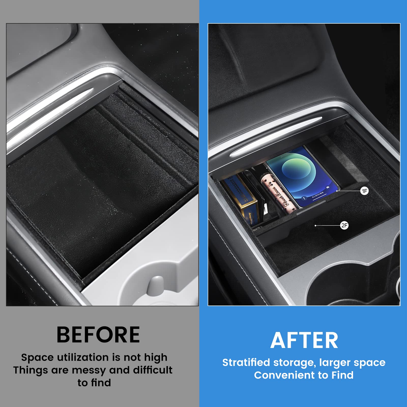 RONGJI Center Console Organizer Tray for Tesla Model 3 2017-2023 Model Y 2021 2022 5PCS Upgraded Armrest Drawer Secret Hidden Storage Box Interior Accessories with Key Card Holder Cover