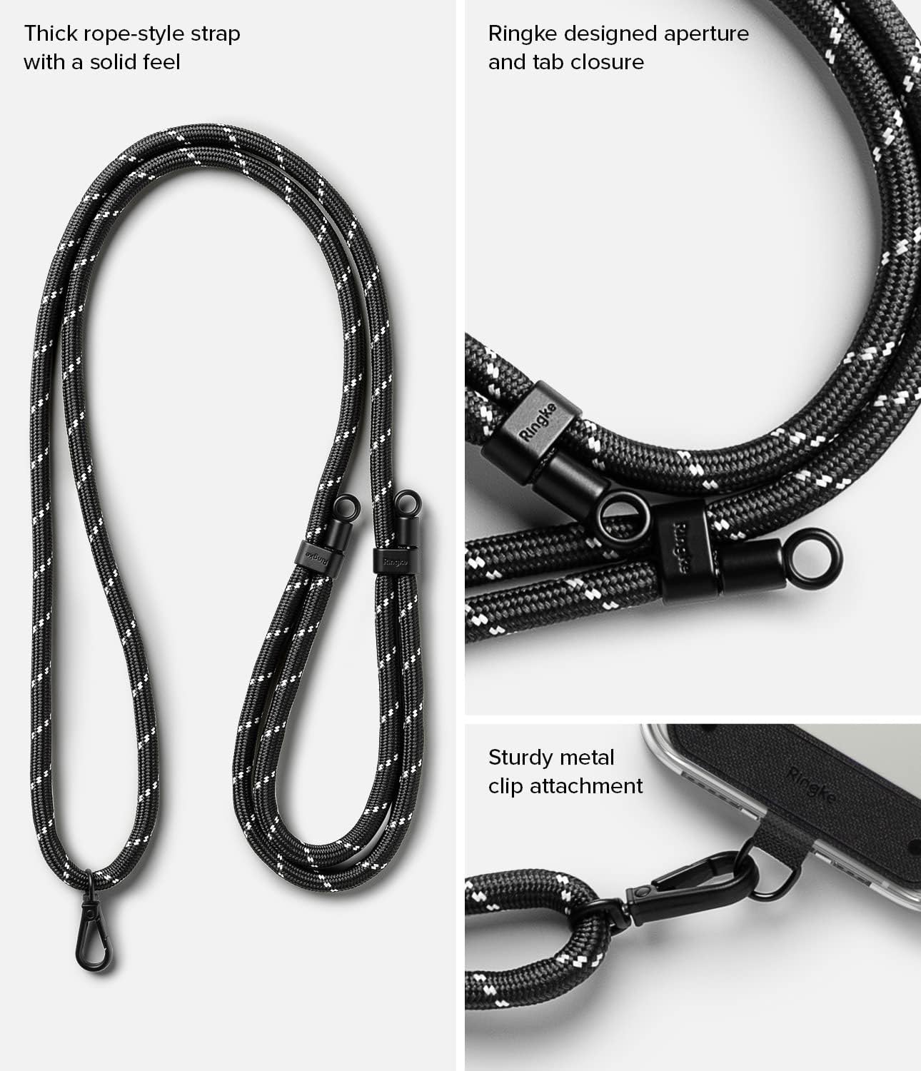 Ringke Holder Link Black Adjustable Crossbody Neck Strap, Universal Multifunctional Lanyard Patch for Most Smartphones