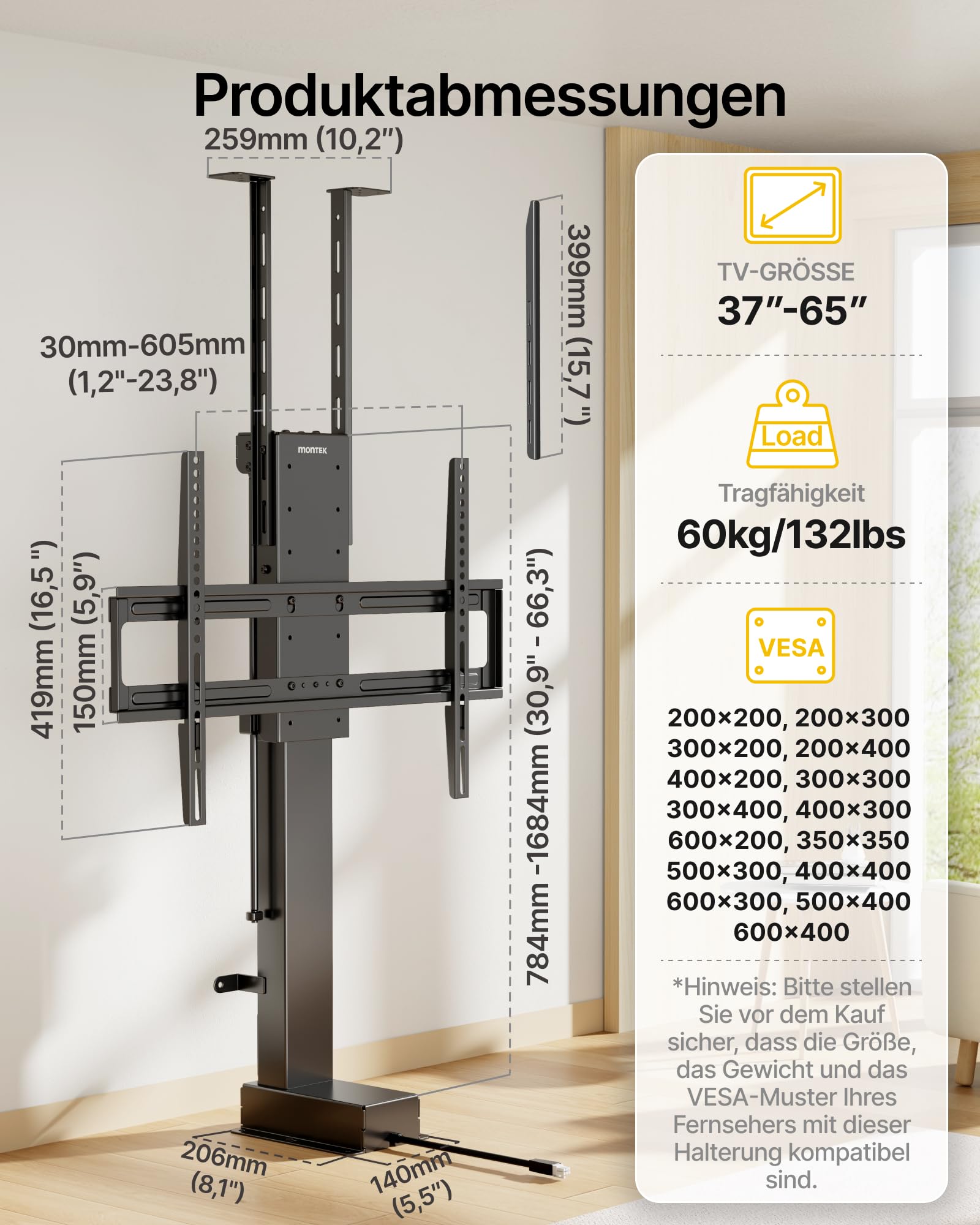 monTEK Elektrisch TV Lift zum Einbau für 37-65 Zoll bis 60kg, VESA 600x400 | mit Funkfernbedienung, Tuya-App+Voice Control, Motorisierter TV Lift mit Kollisionssensor, 90cm Hub, Decken-/Bodenmontage