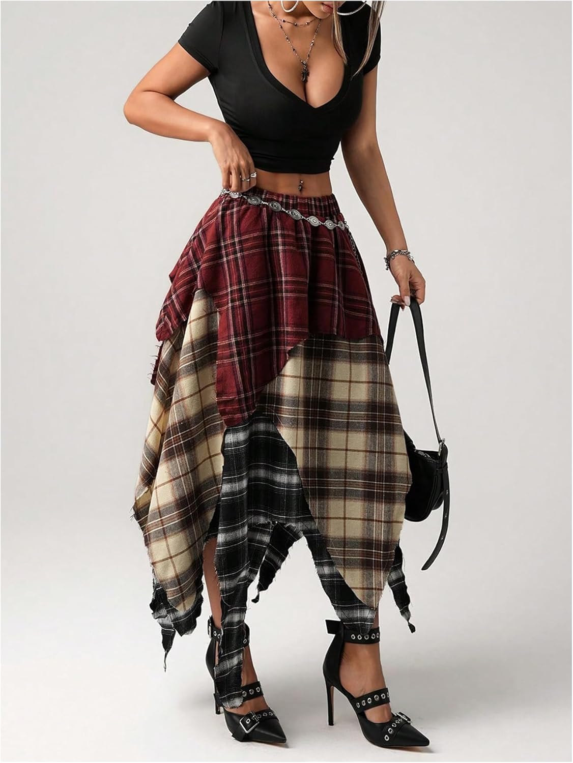 SweatyRocks Women's Y2K Grunge Plaid Long Skirts Elastic Waist Asymmetrical A Line Skirt - Image 5
