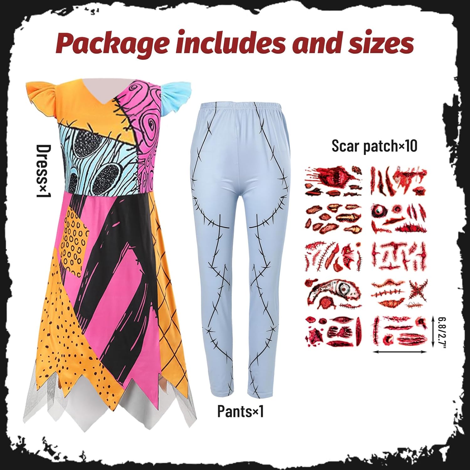 Adult Sally Costume Women Christmas Night-Mare Dress with Pants Stickers Halloween Cosplay Outfit Prop Accessories - Image 3