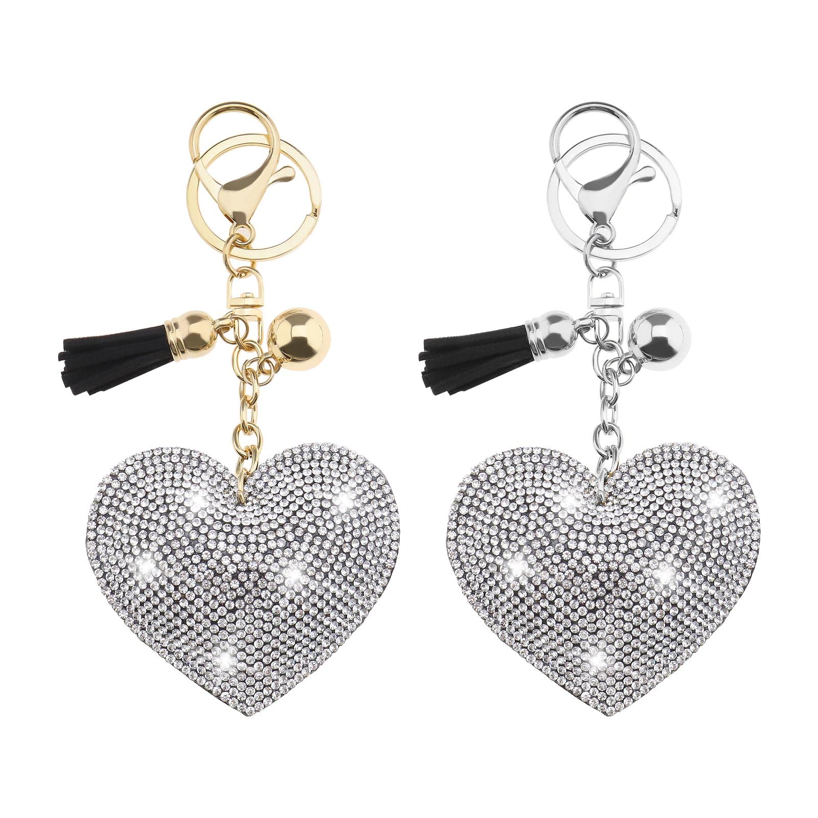 Ecsing2pcs Heart Shape Keychain Sparkling Rhinestone Leather