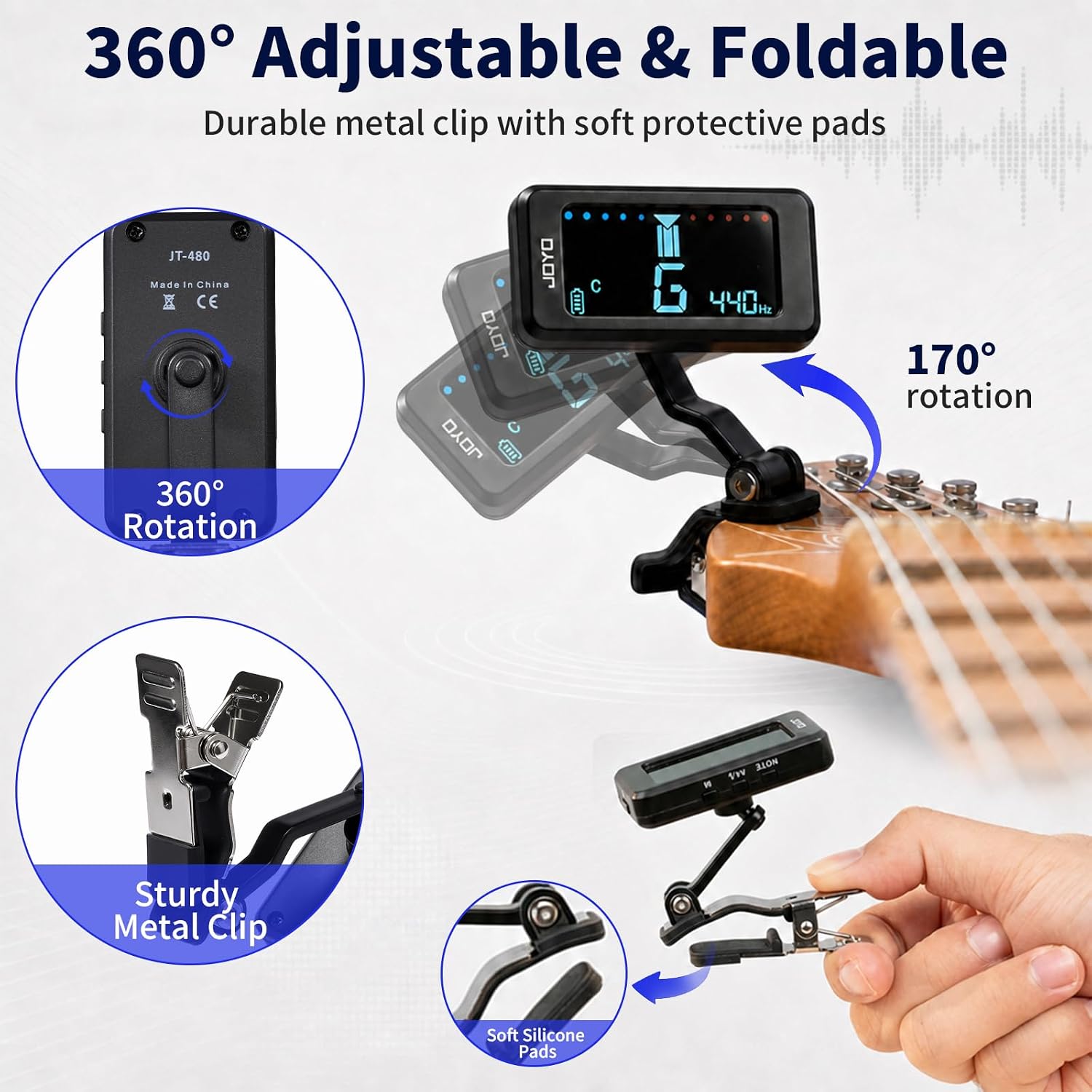 JOYO Rechargeable Guitar Tuner Clip On, ±1 Cent, Chromatic Tuning JT-480