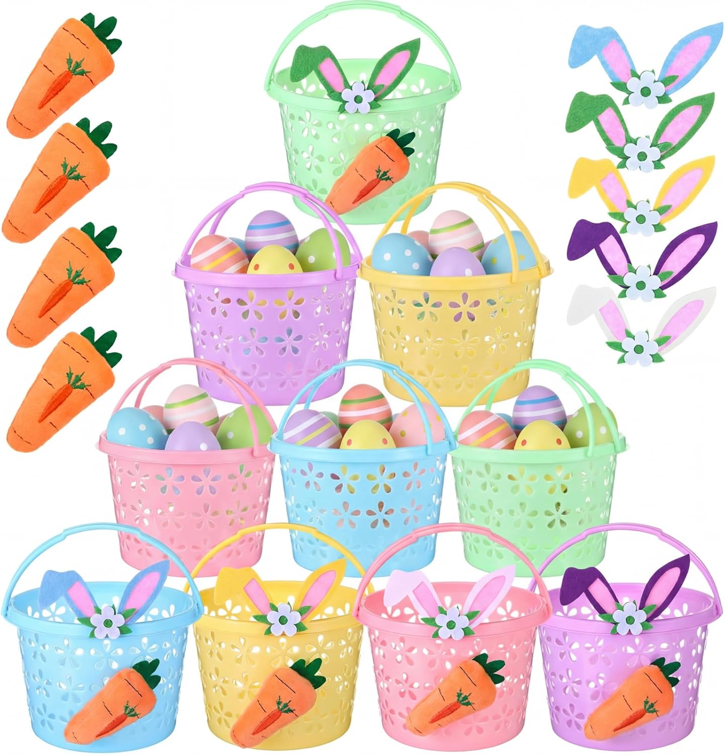 10 Set Easter Baskets Bulk Small Plastic Easter Egg Basket with Handle Carrots Bunny Ears 6.7'' Mini Empty Pastel Fillers Stuffers Bucket for Egg Hunt Spring Party Favors Gifts