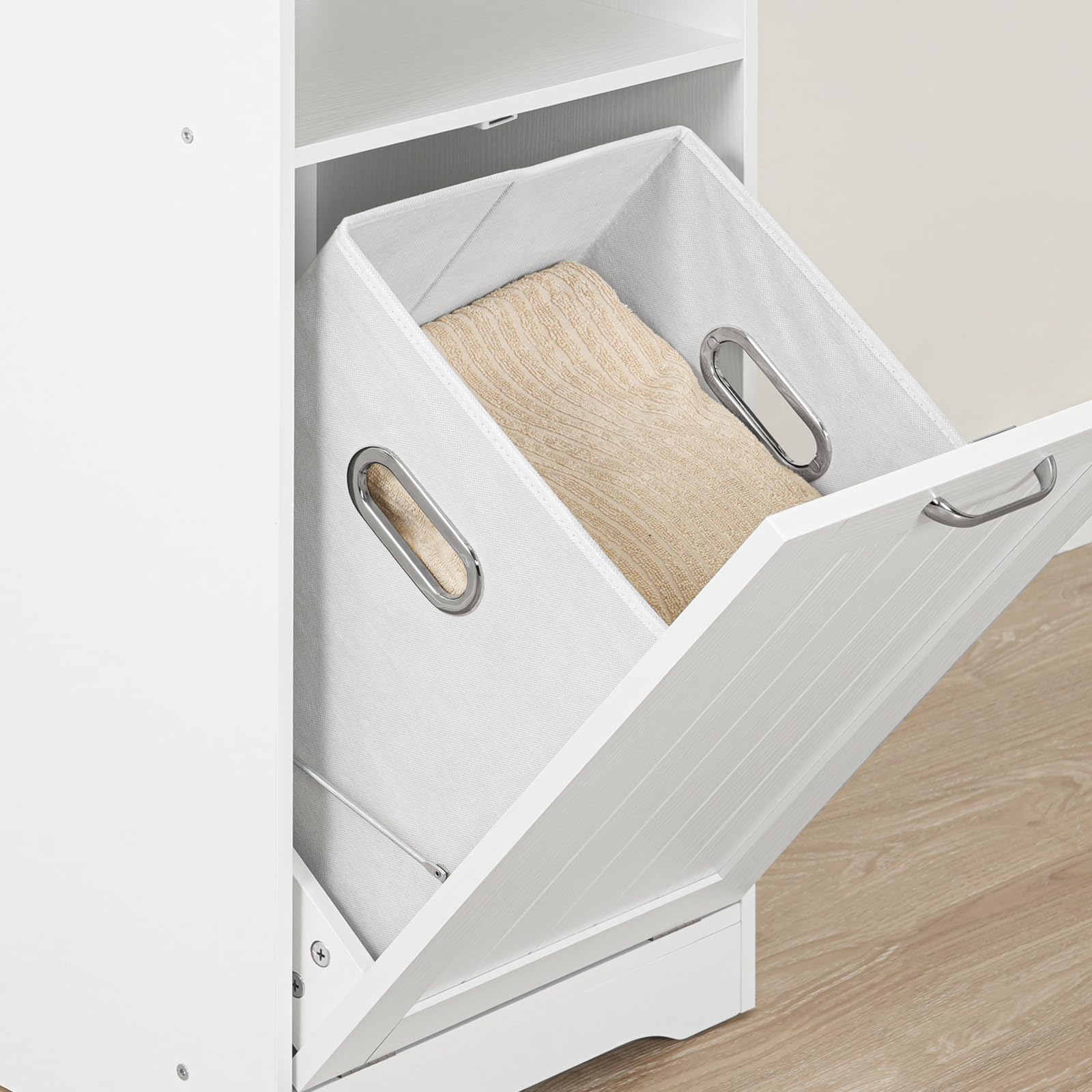 HOOBRO Badezimmerschrank mit Wäschekorb, Wäscheschrank mit Klapptür und verstecktem, herausnehmbarem Wäschekorb, moderner Wäschesammler mit offenem Regal, 40 x 36 x 81,2 cm, Weiß EWT40XY01
