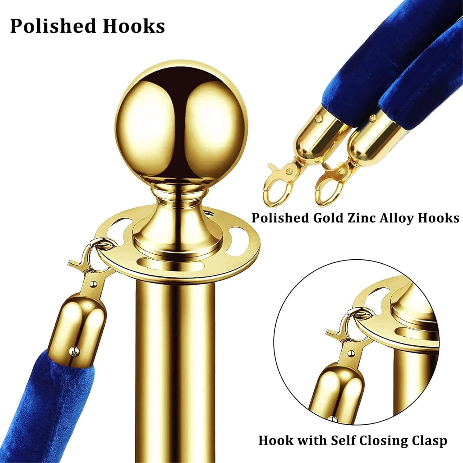 Blue Velvet Stanchion Rope - 10/11/13/16ft Crowd Control Barrier with Polished Gold Snap Hooks for Movie Theaters, Grand Openings, and Hotels(100cm/3.3ft)