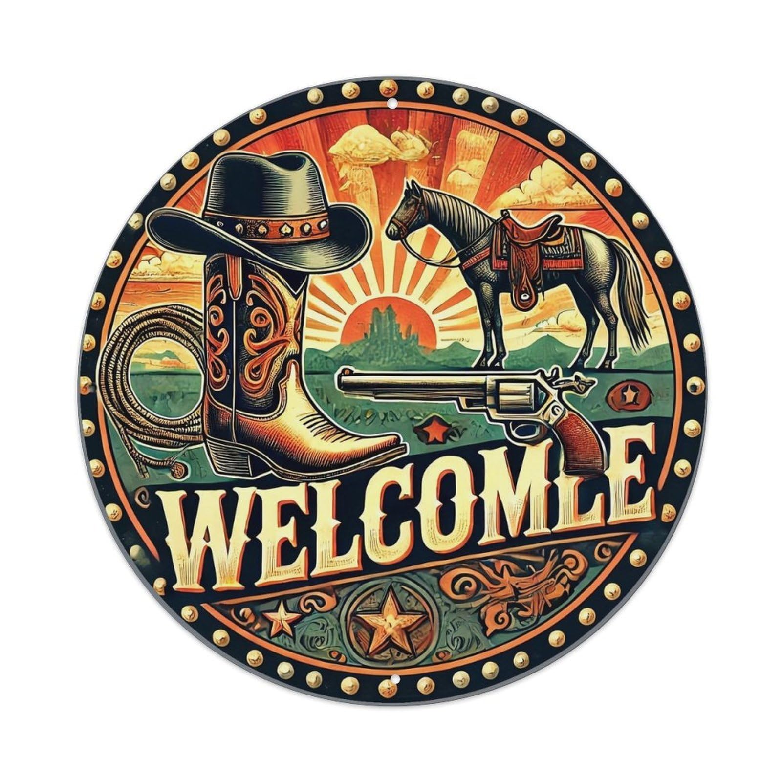 Jdyaojiesheng Vintage Western Cowboy Boot Horse Gun Round Tin Sign Retro Metal Wall Decor Metal Poster, Home Bar Garage Farmhouse Cafe Wall Art Decoration 8X8inch