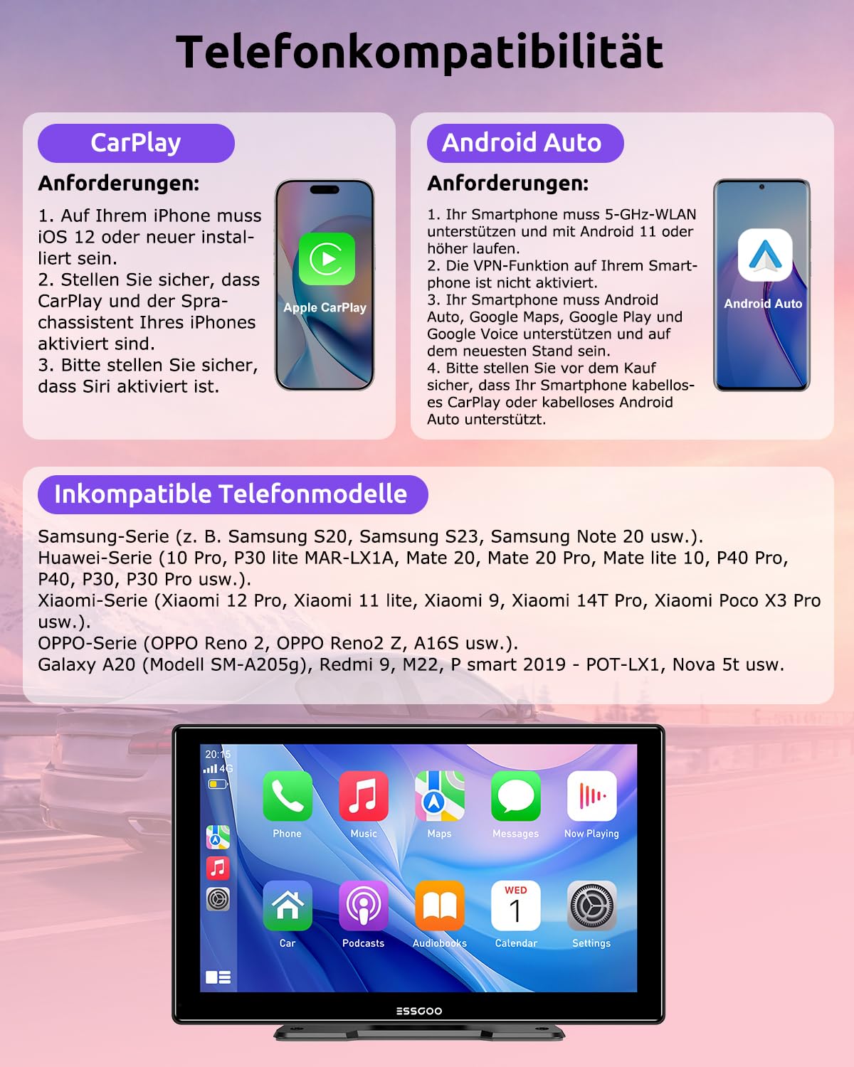 ESSGOO 9 Zoll Carplay Android Auto Display mit 1080P Rückfahrkamera | Apple CarPlay Bildschirm für AirPlay/Mirror Link,IPS Touchscreen,GPS Navigation,Bluetooth 5.3,AUX,Sprachassistent,Autoradio