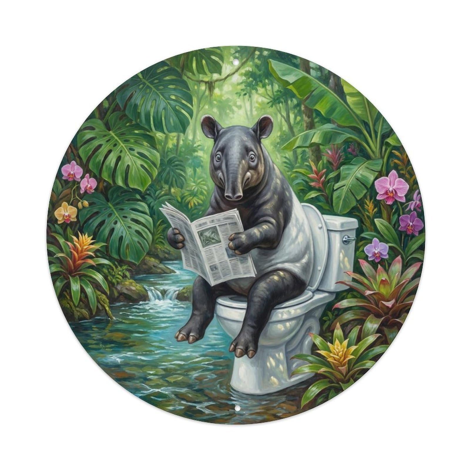 Tapir On Toilet Humorous Bathroom Rainforest Stream Metal Tin Sign
