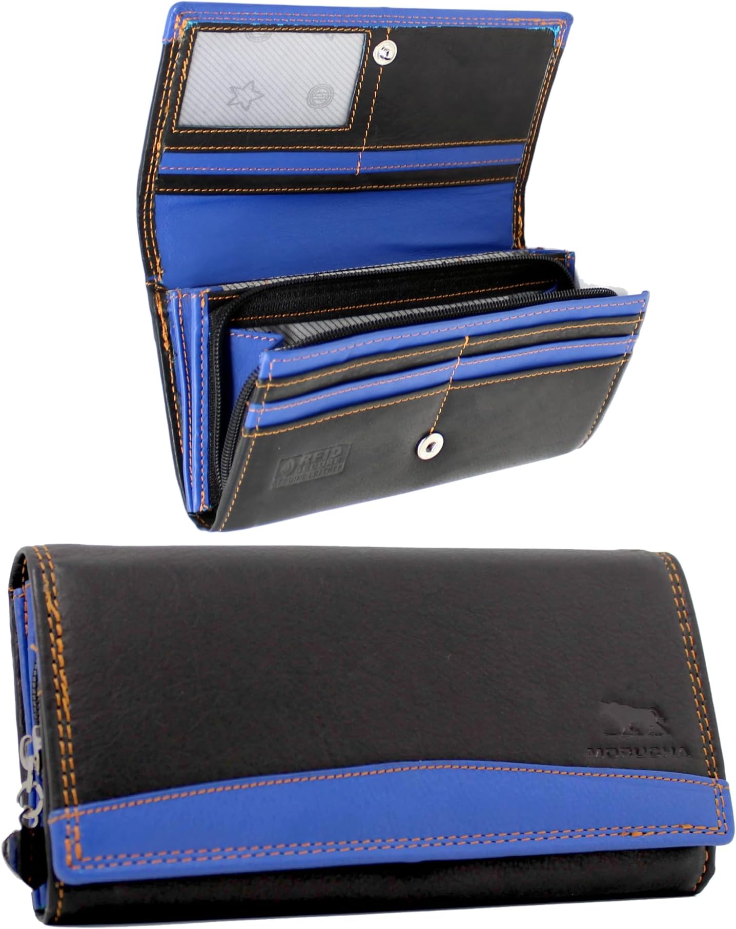 MORUCHALadies RFID Blocking Purse, Women's Clutch Wallet with Multiple Card Slots and Roomy Compartment M10 (Black Blue)
