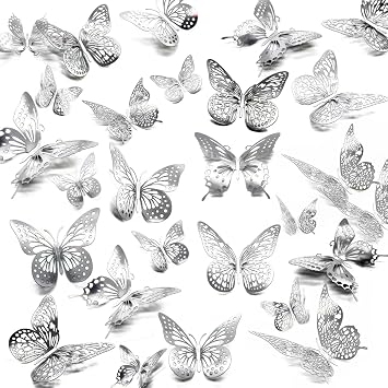 3D Butterfly Wall Decor 48 Pcs 4 Styles 3 Sizes, for Birthday Decorations Party Decorations, Removable Wall Stickers Interior Decoracions Kids Nursery Classroom Wedding Decor Silvery