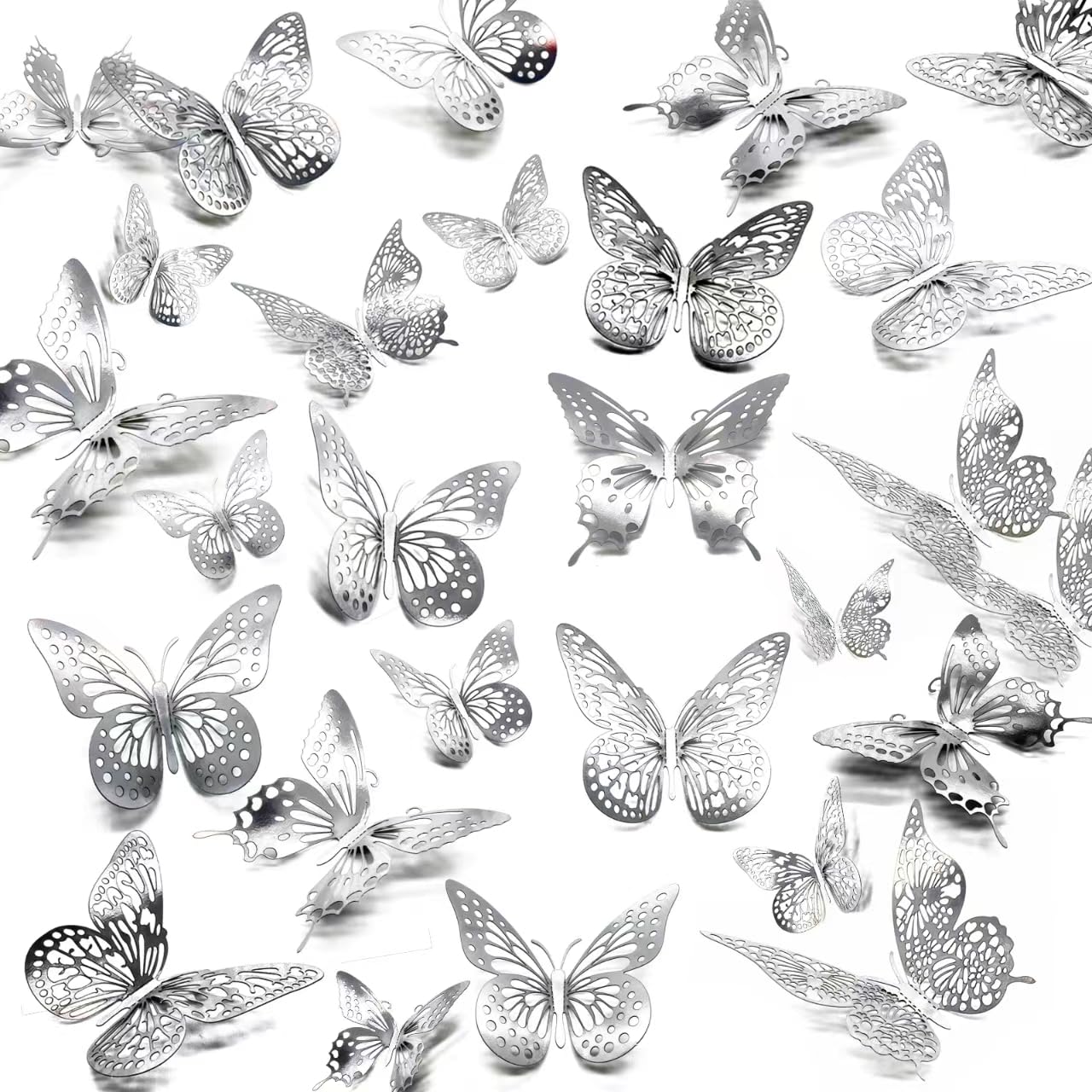 3D Butterfly Wall Decor 48 Pcs 4 Styles 3 Sizes, for Birthday Decorations Party Decorations, Removable Wall Stickers Interior Decoracions Kids Nursery