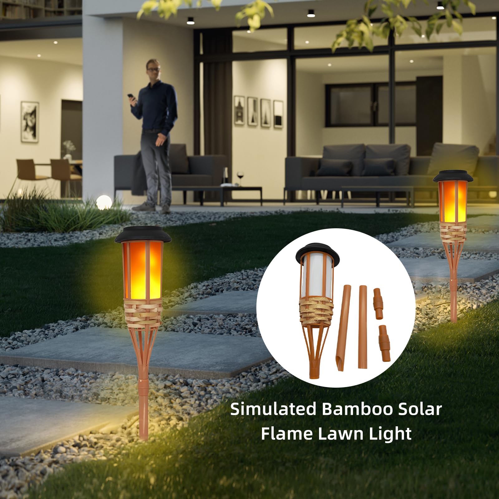 4 luces solares para exteriores, altura de 60 cm, impermeables, luces solares parpadeantes, decoraciones de camino para patio, patio, antorchas de bambú hechas a mano, luces de estaca de iluminación