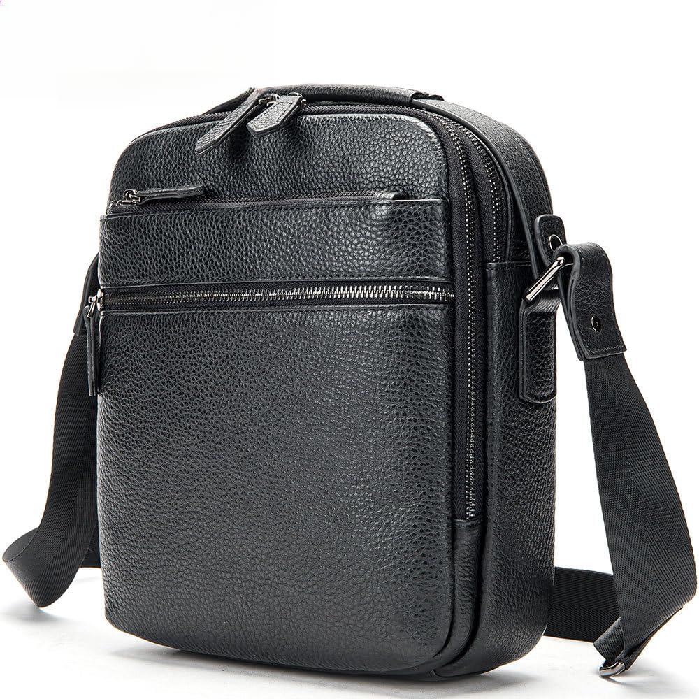 Mens Genuine Leather Crossbody Shoulder Bag Small Messenger Satchel Black Work Business Travel Side Purse