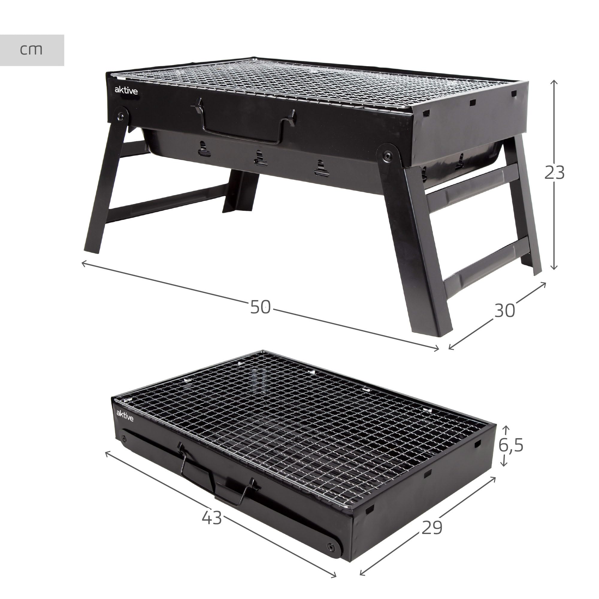AKTIVE 63032, przenośny grill na węgiel drzewny, czarny, prostokątny, składany, wymiary 43 x 29 x 22 cm, z uchwytem, łatwy do przenoszenia, grill kempingowy, taras, balkon