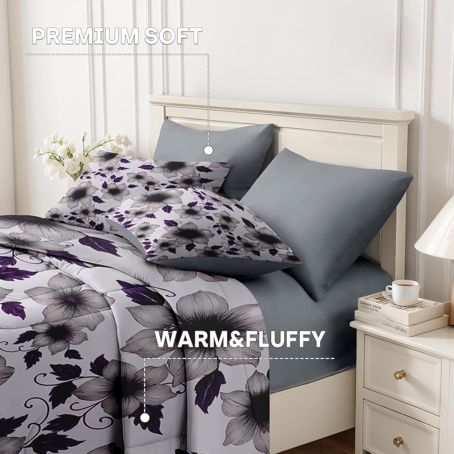 Nesker Comforter Set Queen Size, Retro Purple Floral 7 Pcs Bedding for Kids and Adults, Violet Blossom Grey Flower Bed Sheet Sets with Fitted Sheet 2 Pillowcases & 2 Shams - Image 5