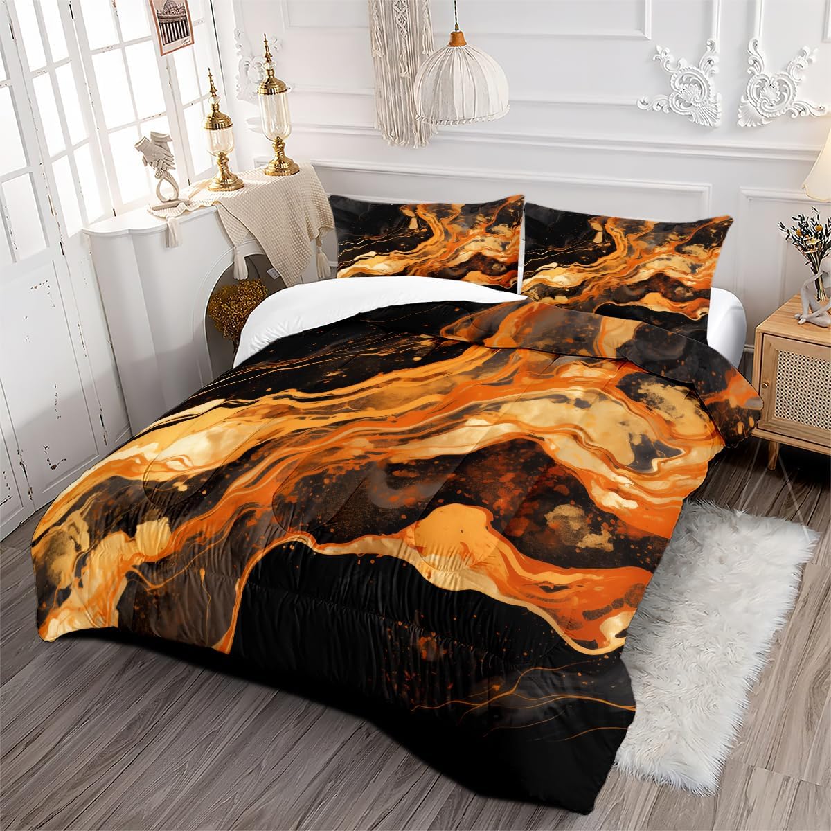Microfiber Queen Size Comforter Bedding Set Orange Black Textured Marble Comforter Set Comforter Set with Decorative Pillows, All Season, Queen Size