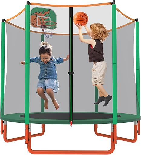 66'' Mini Trampoline for Kids with Enclosure & Basketball Hoop, 5.5FT No-Gap Toddler Trampoline for Indoor & Outdoor Use, 600LBS Capacity, Ideal Gift for Boys & Girls