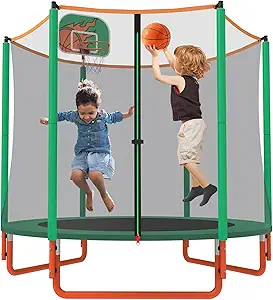 66'' Mini Trampoline for Kids with Enclosure & Basketball Hoop, 5.5FT No-Gap Toddler Trampoline for Indoor & Outdoor Use, 600LBS Capacity, Ideal Gift for Boys & Girls