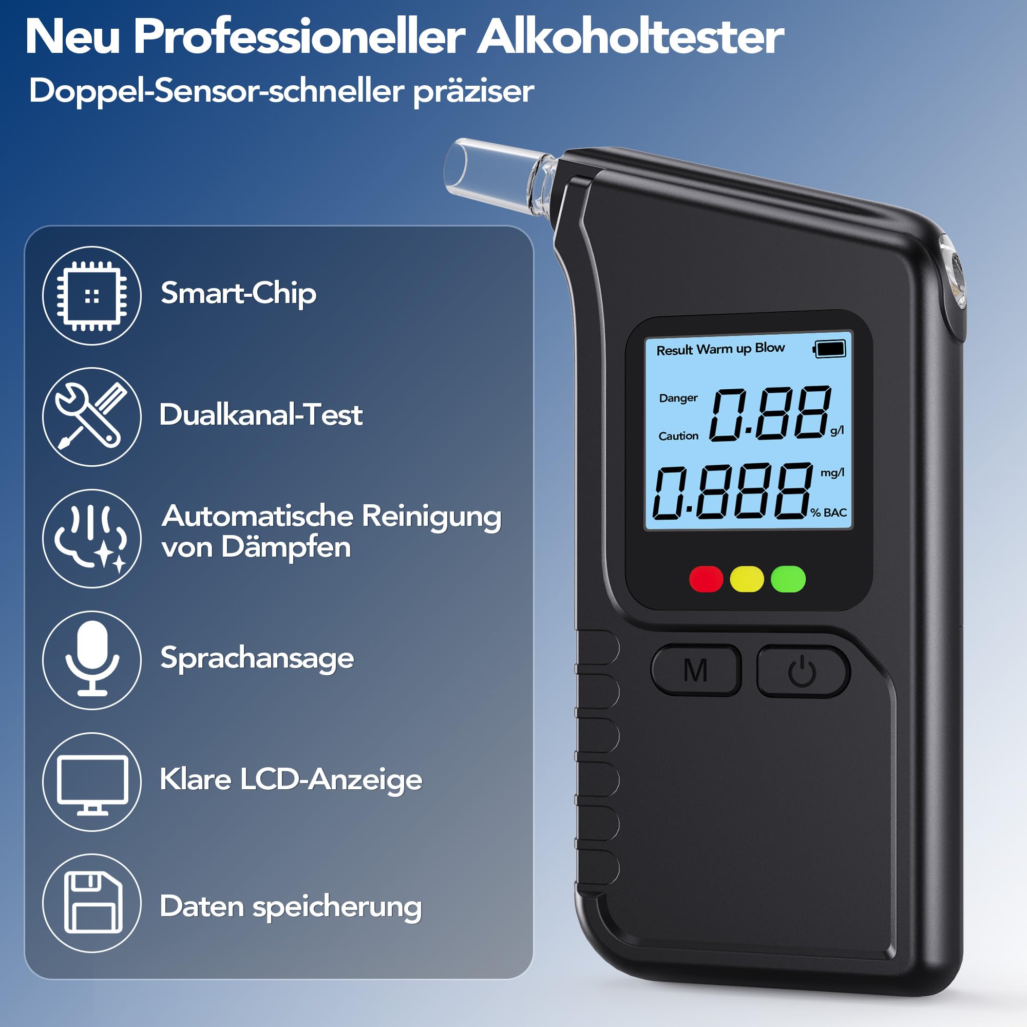 ROTTOGOON Alkoholtester mit Zwei Sensoren, Professioneller Promillemessgerät mit Digitaler LCD-Anzeige Tragbarer Alkoholmessgerät Enthält 20 Düsen für Den Persönlichen und Professionellen Gebrauc