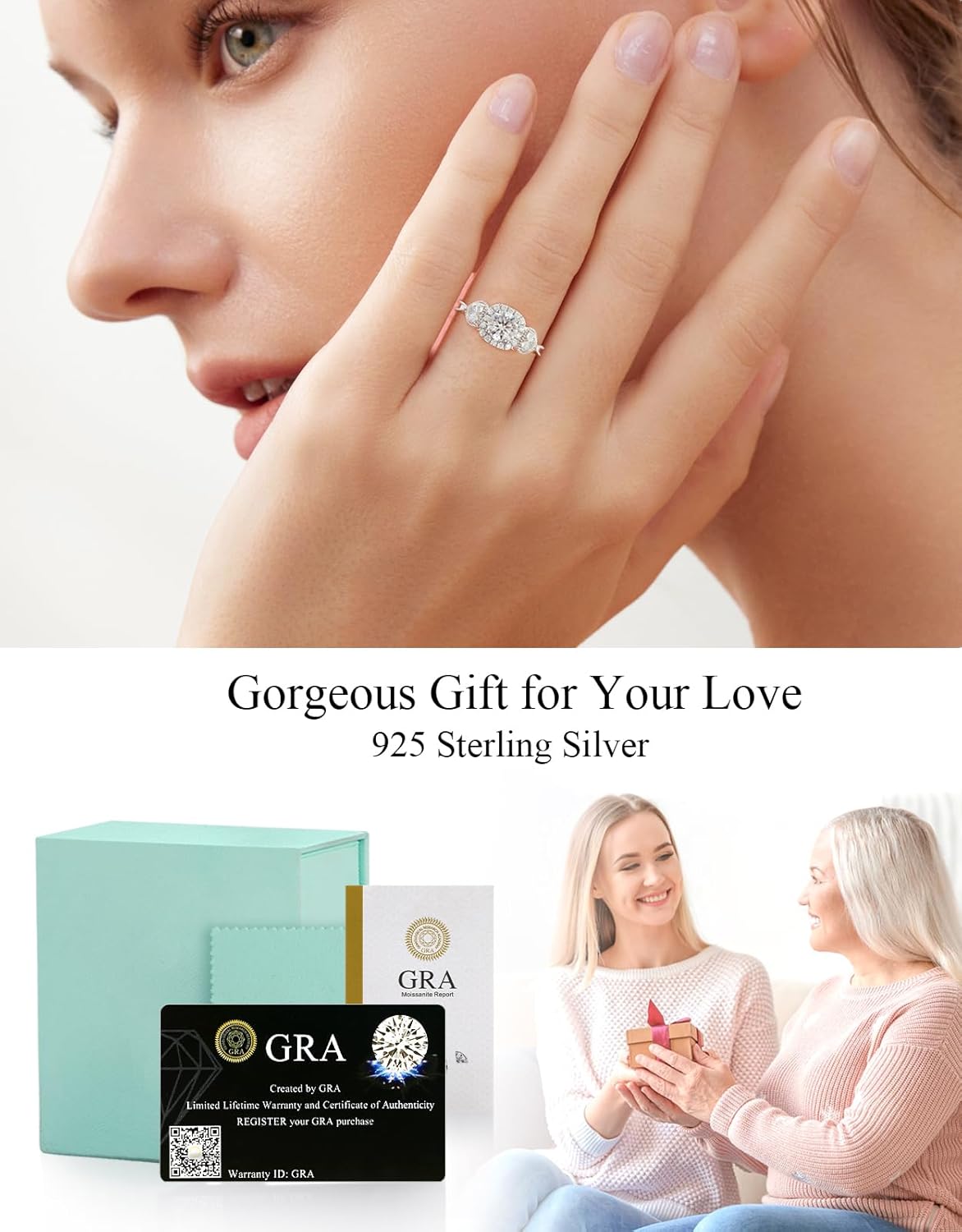 3 Stone Engagement Ring 18 K White Gold Plated S925 Sterling Silver Promise Rings For Her Vintage Wedding Rings For Women