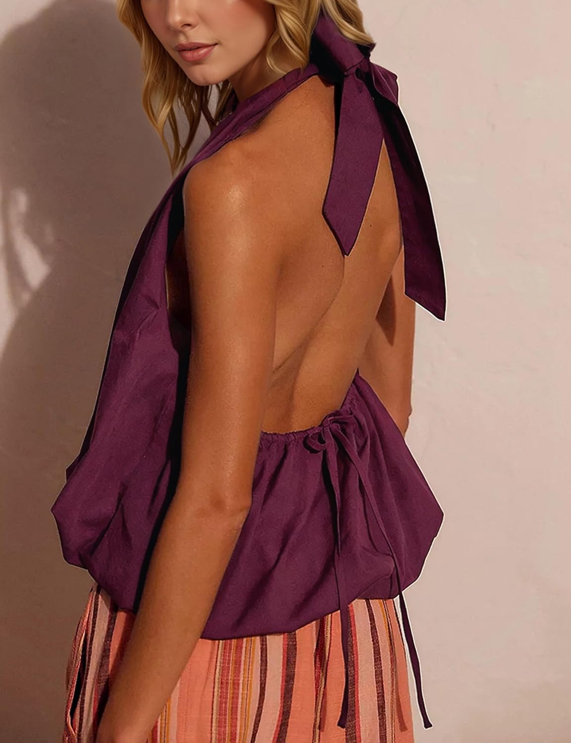 Women Halter Bubble Tank Top Sexy Plunge V Neck Tie Open Back Sleeveless Crop Going Out Tops Summer Y2k Cami Shirts