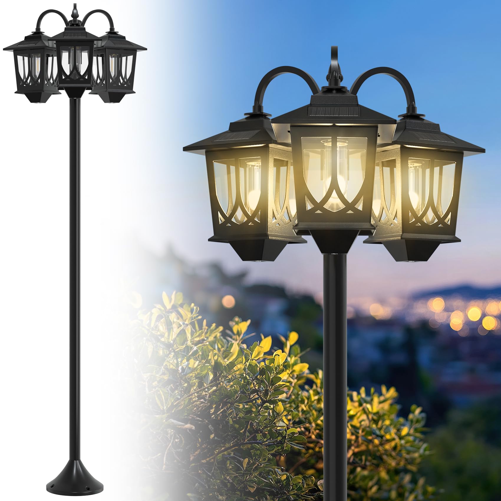 Photo 1 of Joyoowild 73" Aluminum Solar Lamp Post Light, 3-Head Solar Light Posts for Outside Waterproof, 90Lm Outdoor Lamps for Patio, Backyard, Front Porch Decor, Warm White, Replaceable Bulb