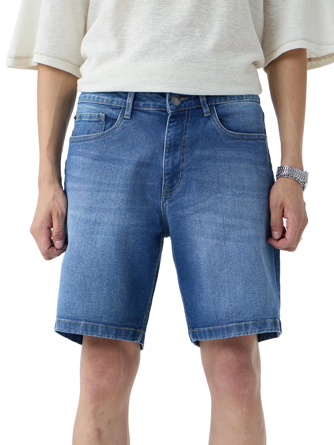 Denim Shorts: Midnight Blue Men and Boys Buttoned Solid Knee Length Cotton Blend Denim Shorts-image-25