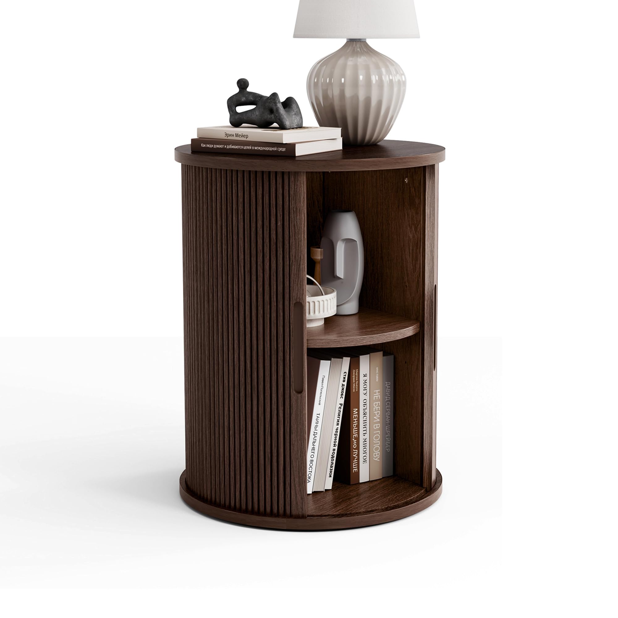 Photo 1 of LINSY HOME Round Fluted End Table, Tall Side Table with Sliding Tambour Door and Storage Shelf, Modern Bedside Table, Mid-Century Nightstand for Living Room, Bedroom, Dark Walnut