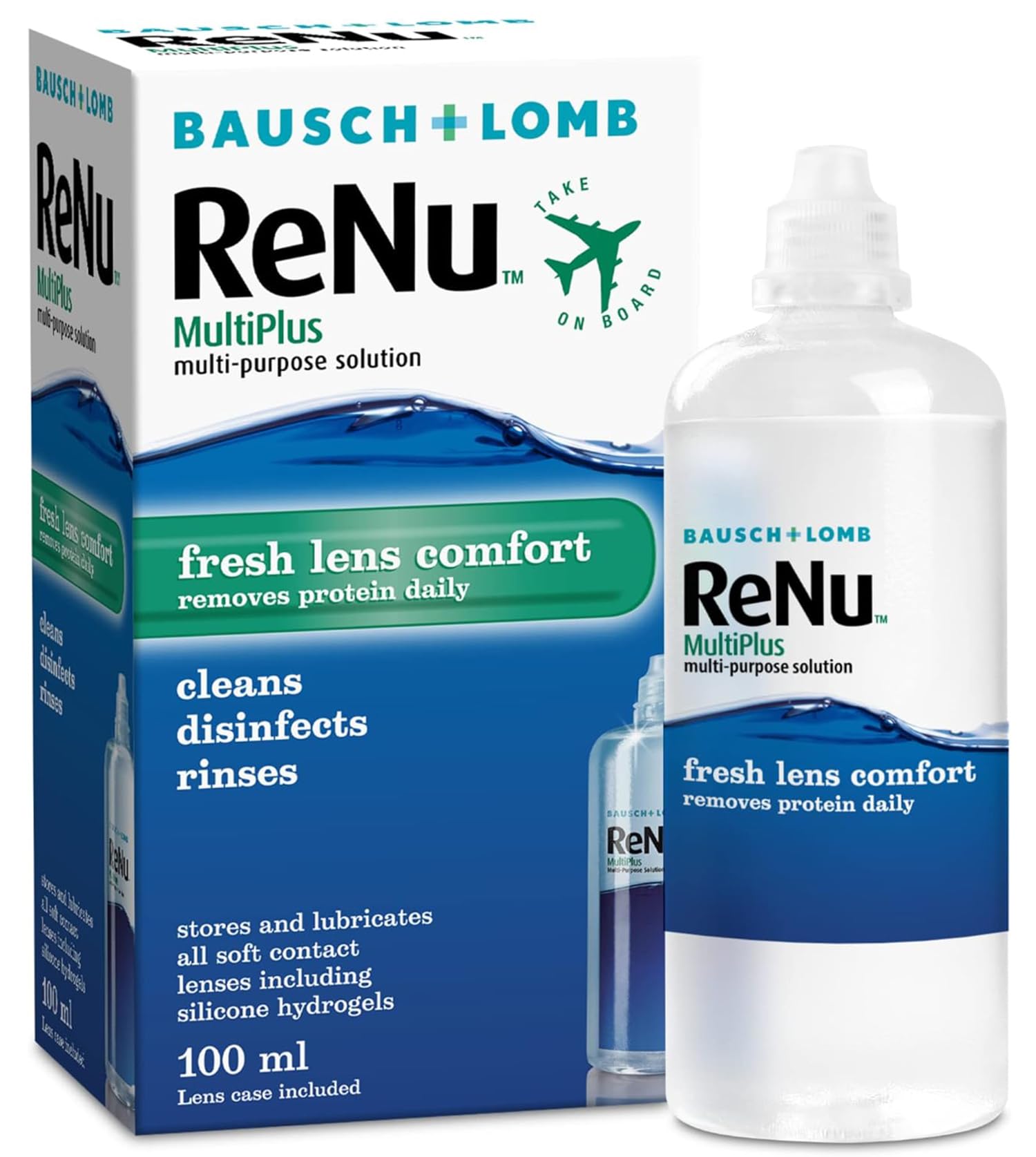 MultiPlus Multi-Purpose Travel Contact Lens Solution, 100ml Flight Pack, for Soft Contact Lenses, Moisturise, Remove Protein, Clean, Disinfect, Lubricate, Rinse and Store, Lens Case Included