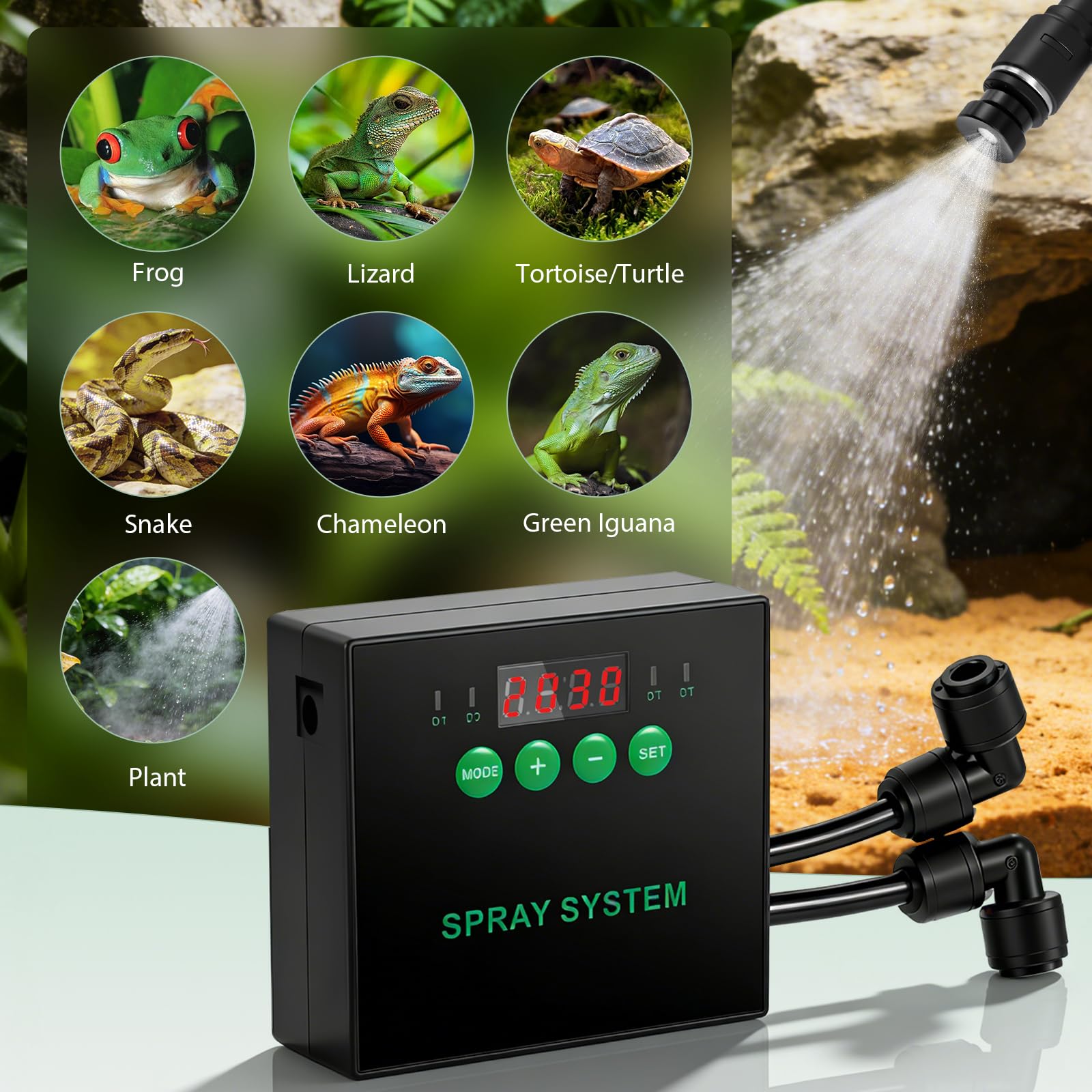 Système intelligent de brumisation des reptiles - Humidificateur pour reptiles - Système de brume pour terrarium avec buses de pulvérisation à 360° et minuterie pour fleurs, forêt tropicale