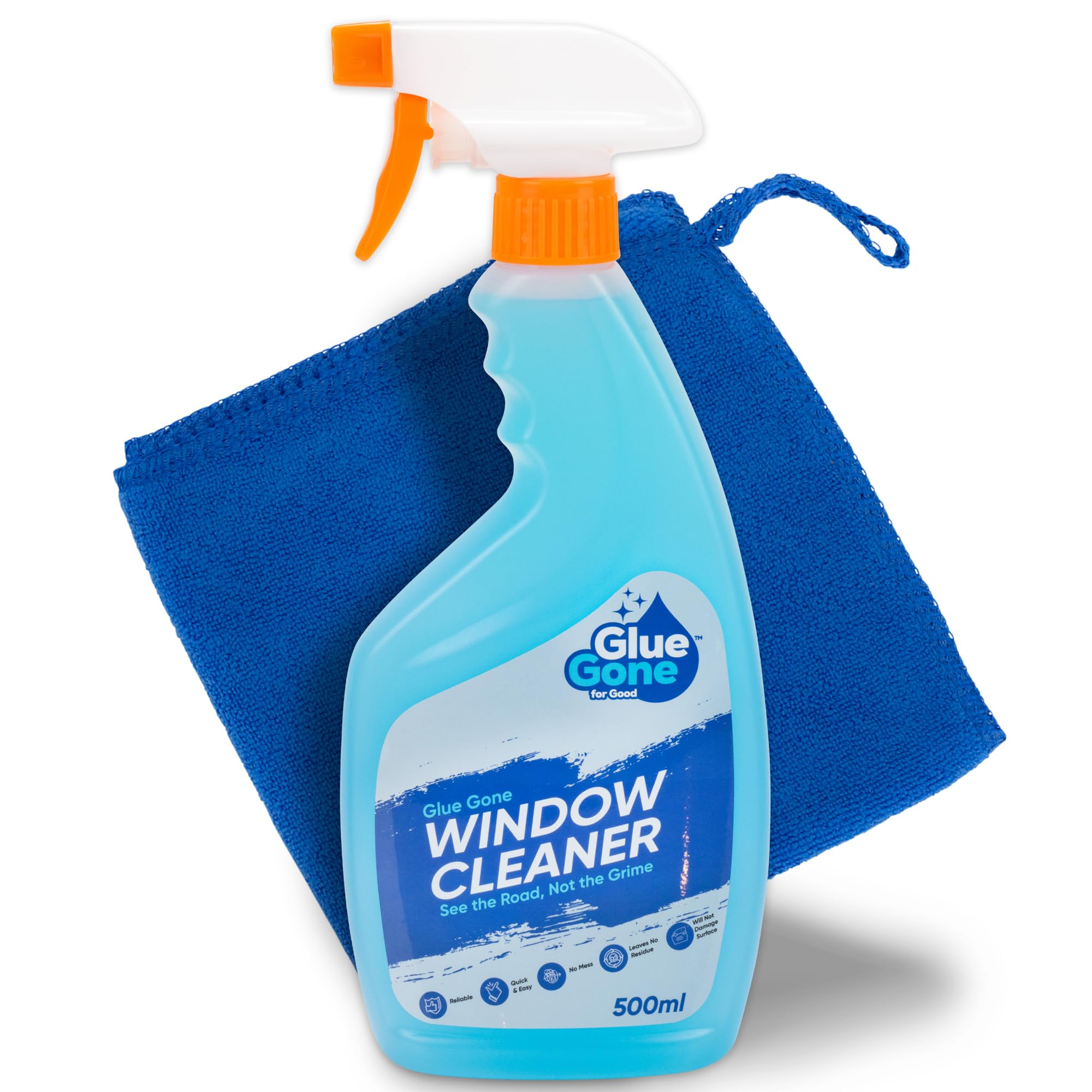 Glue Gone Car Window Cleaner Kit - Includes 500 ml Spray Cleaner and 30cm x 30cm Microfiber Cloth for a Streak-Free Shine, Showroom-Quality Finish -