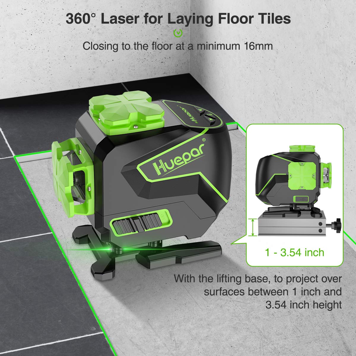 Livella laser Huepar,3x360°laser raggio verde autolivellante,S03DG-L | Livella laser terra con linee verticali orizzontali commutabili,dotata batteria agli ioni litio e base magnetica girevole