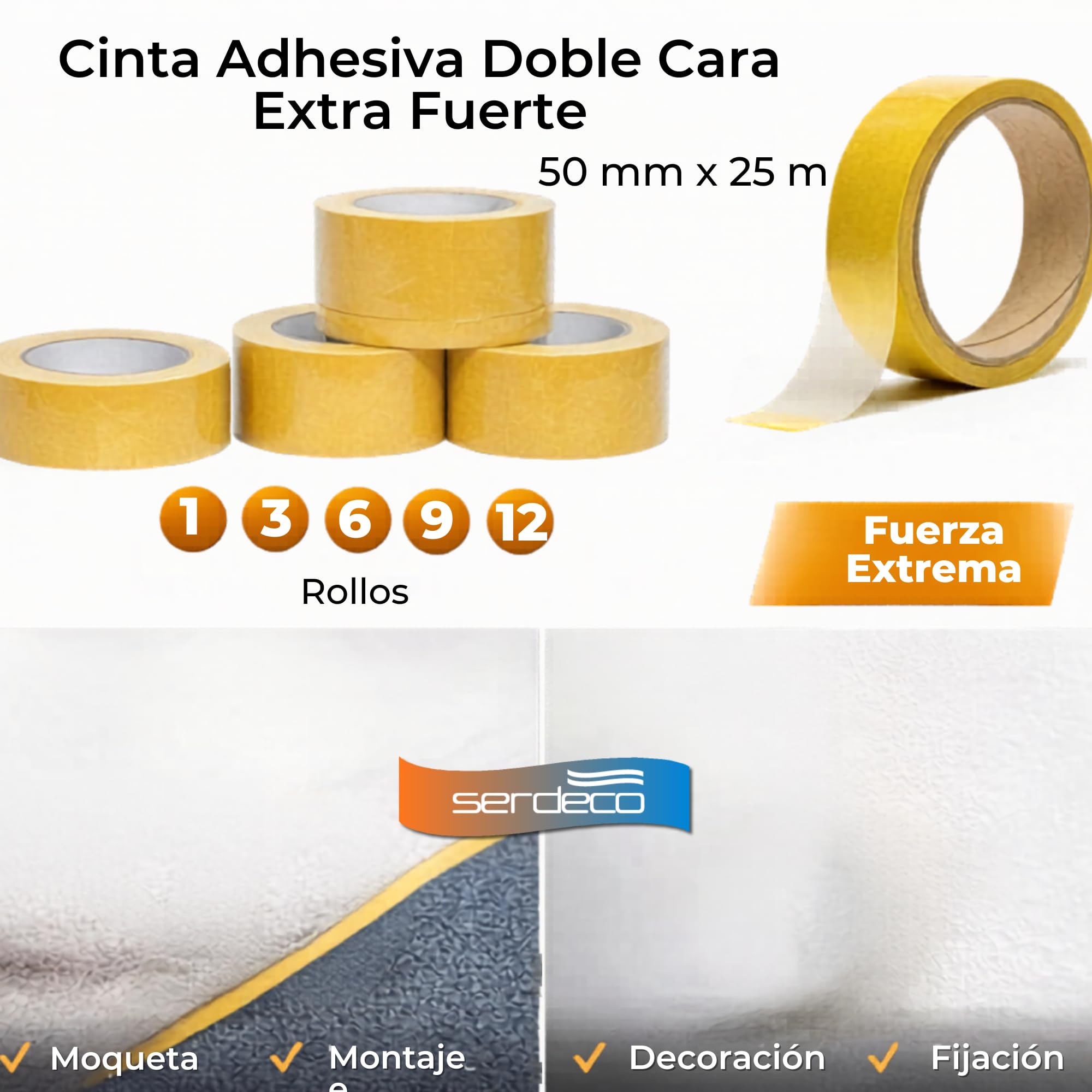 Cinta Doble Cara Extrafuerte 50 mm x 25 Mt.12 Rollos
