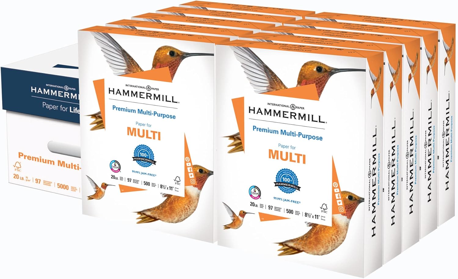 Hammermill Printer Paper, Premium Multipurpose Paper 20 lb, 8.5 x 11-10 Ream (5,000 Sheets) - 97 Bright, Made in the USA, 106310C