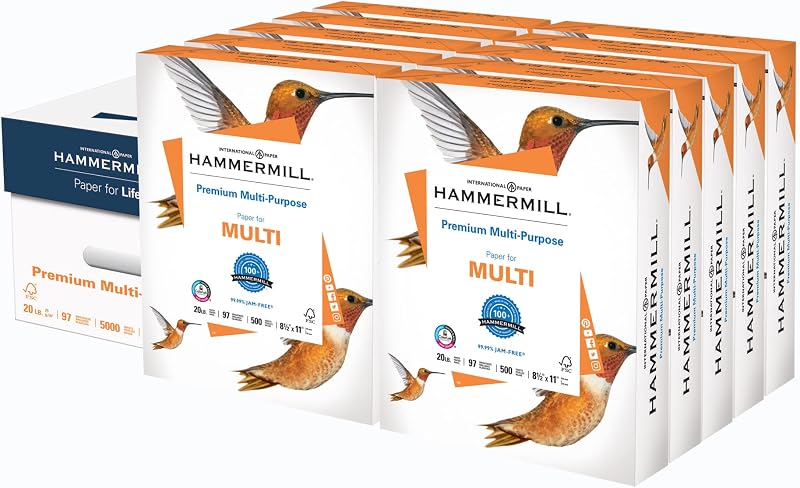 Printer Paper, Premium Multipurpose Paper 20 lb, 8.5 x 11-10 Ream (5,000 Sheets) - 97 Bright, Made in the USA, 106310C