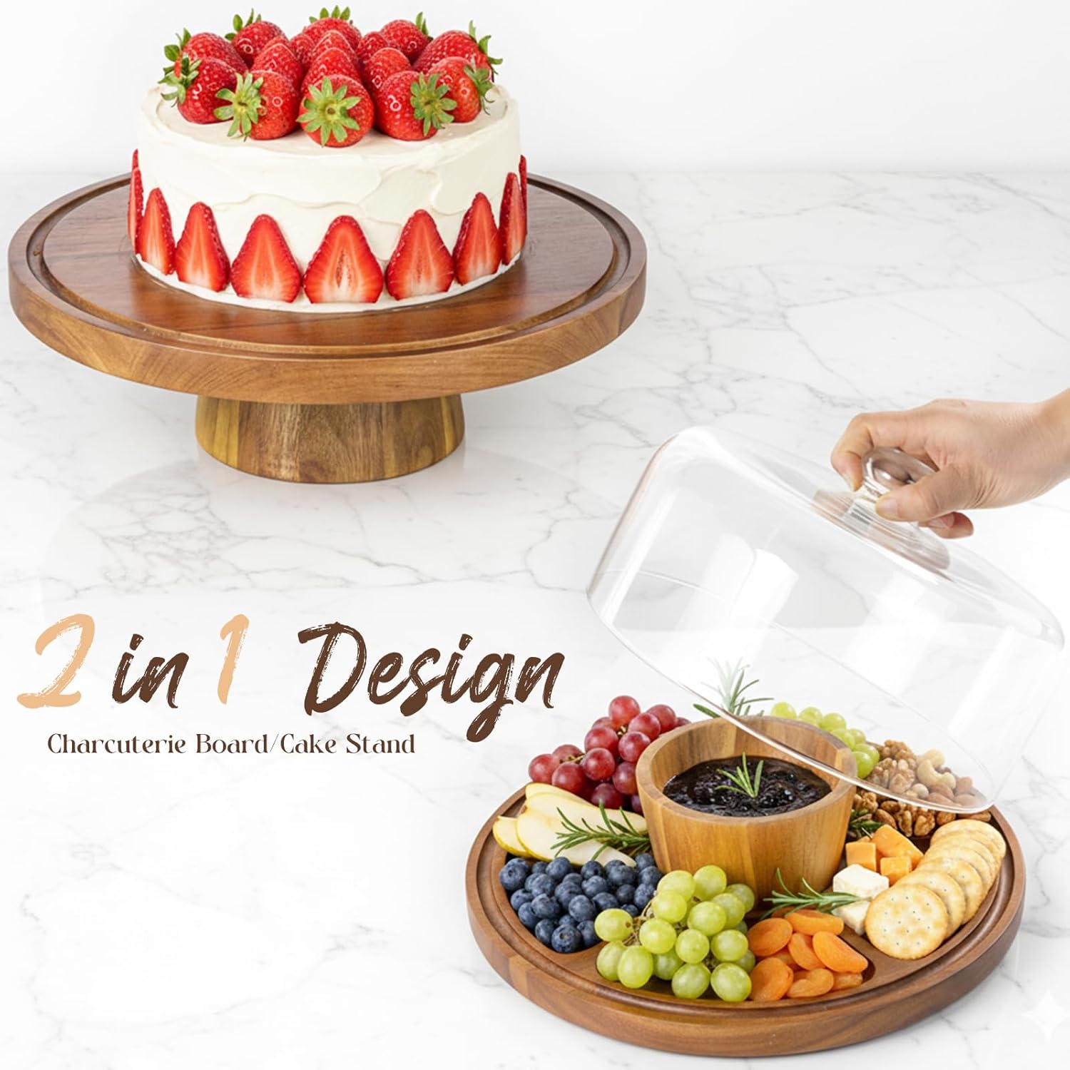 Acacia Wood Cake Stand with Lid, 12" Glass Cake Stand with Dome Cake Holder, 2-in-1 Dessert Table Display Set & Charcuterie Board for Weddings, Parties, Bakeries
