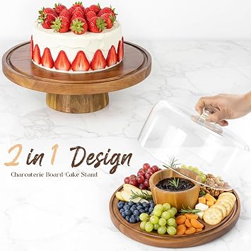 Cake Stand with Glass Lid, 12'' Cake Stands with Dome Cover, 2 in 1 Wooden Cake Stand and Charcuterie Board, Multi Purpose Cake Plate, Cake Display for Birthday Party Wedding, Baking Gifts