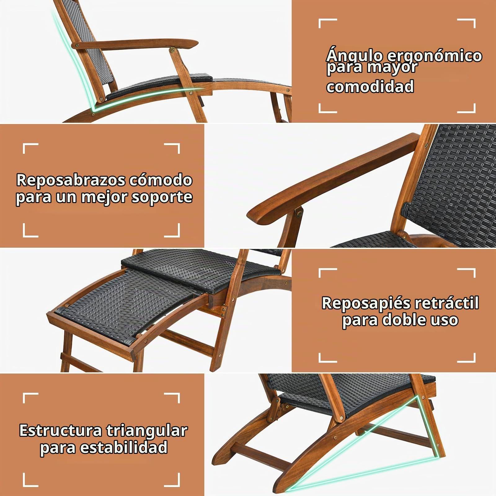 LIFEZEAL Tumbona Plegable de Ratán PE Convertible con Reposapiés Retráctil | Sillón de Jardín con Marco de Madera de Acacia, Respaldo y Reposabrazos para Terraza, Patio y Piscina