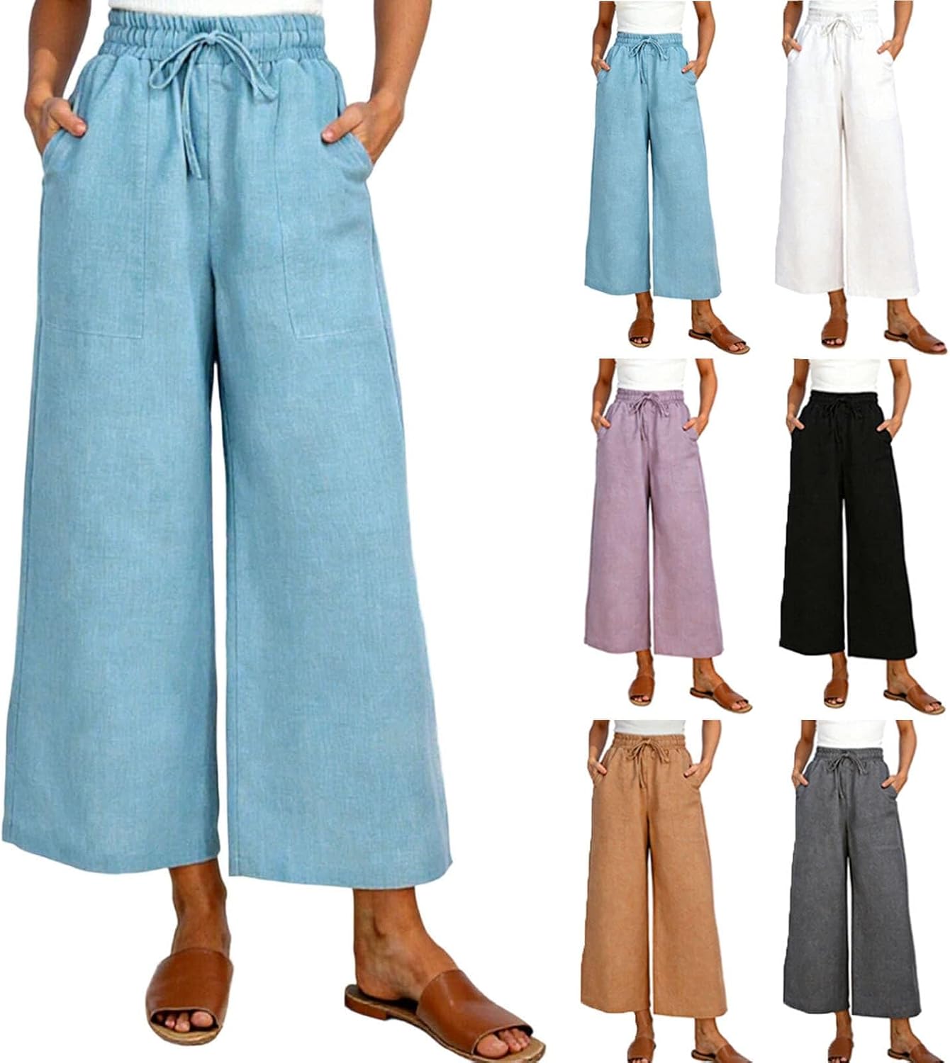 HGps8w Wide Leg Linen Pants for Women Lightweight Summer Loose Elastic High Waisted Lounge Palazzo Trousers with Pockets