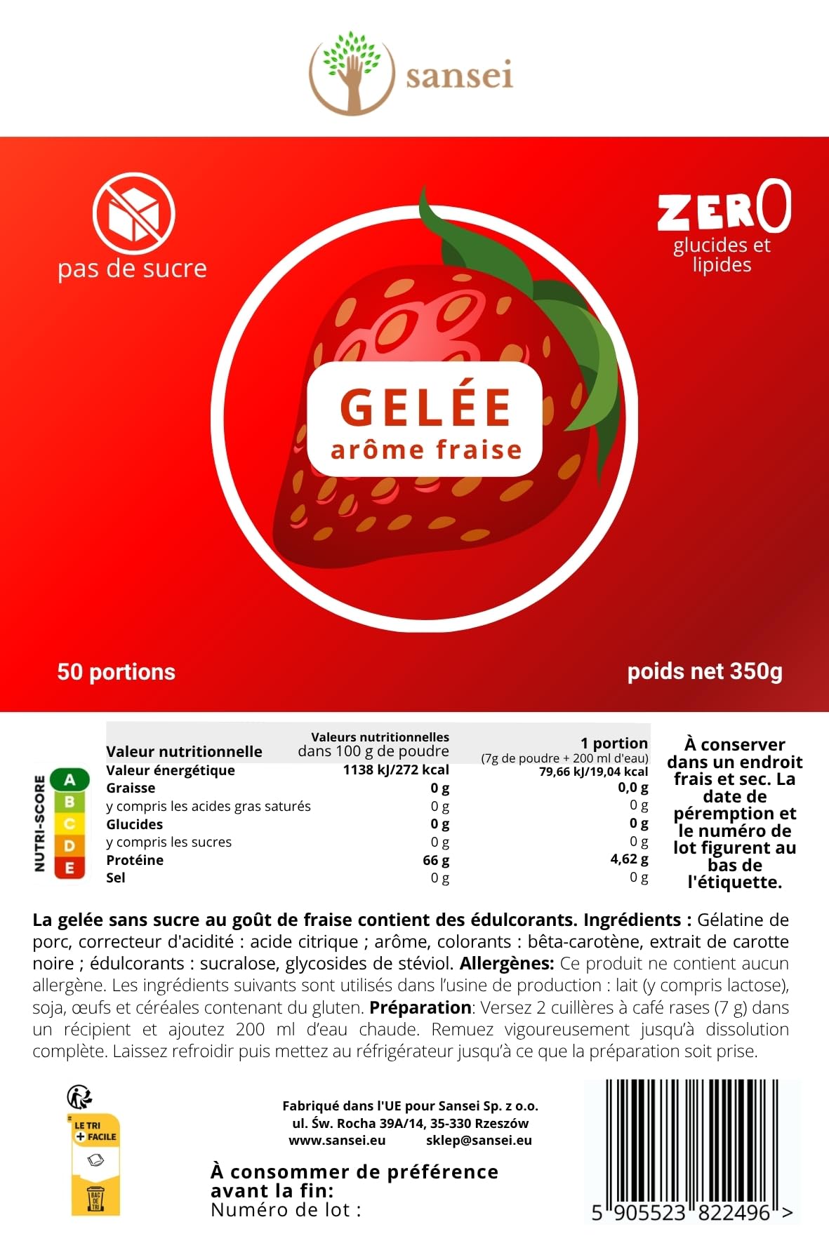 Sansei galaretka deserowa 350 g Bez Cukru KETO Truskawka
