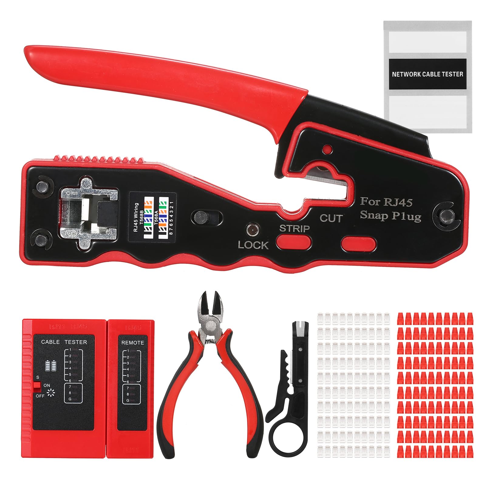 Kit d'outils de sertissage RJ45 pour connecteurs pass-through Cat5e, Cat6, Cat6a, comprenant une pince pour câble réseau, un testeur RJ11 RJ45, 100 fiches plaquées or, 100 bottes