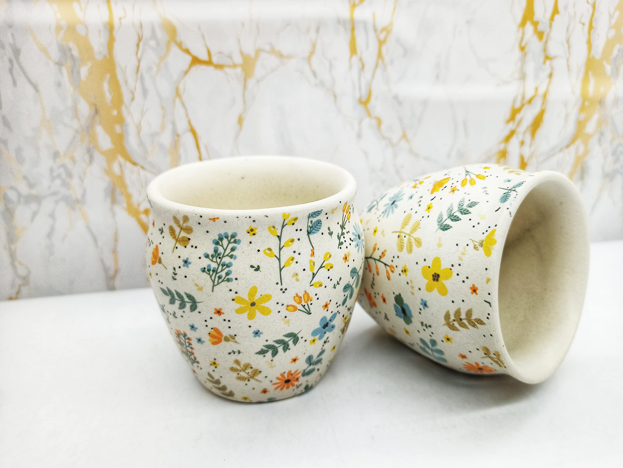Gayatri Collection Ceramic Kullar Tea Cup, Coffee & Milk Serving Kulhad Floral Print Embossed Kulad Cup for Gifting On Festival.