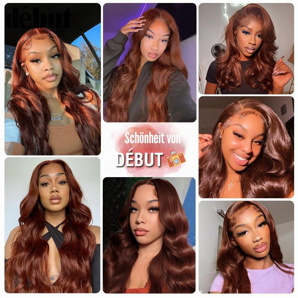 Rötlichbraune Body Wave Lace Front Perücke Echthaar 4×4 Lace Front Perücken für Frauen HD Lace Front Perücke Echthaar 180% Dichte Vorgezupft mit Babyhaar Kleberlose Perücken(35 cm, 33A)