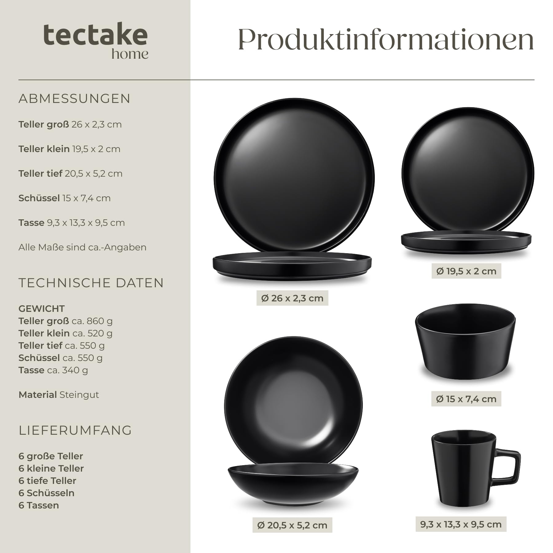 tectake® Küchenstarterset 6 Personen, Steingut Geschirr Set, Teller, 4 Töpfe 2 Pfannen rostfreies Aluminium, Kochtopf Set, Töpfe Set, kratzfest, leichte Reinigung, 5 Küchenwerkzeuge - schwarz, 45-tlg