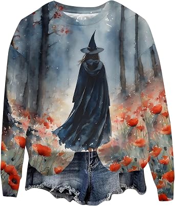 Witchy Clothes for Women 2025 Fall Casual Long Sleeve Witch Shirt Halloween Witch Graphic Crewneck Sweatshirts