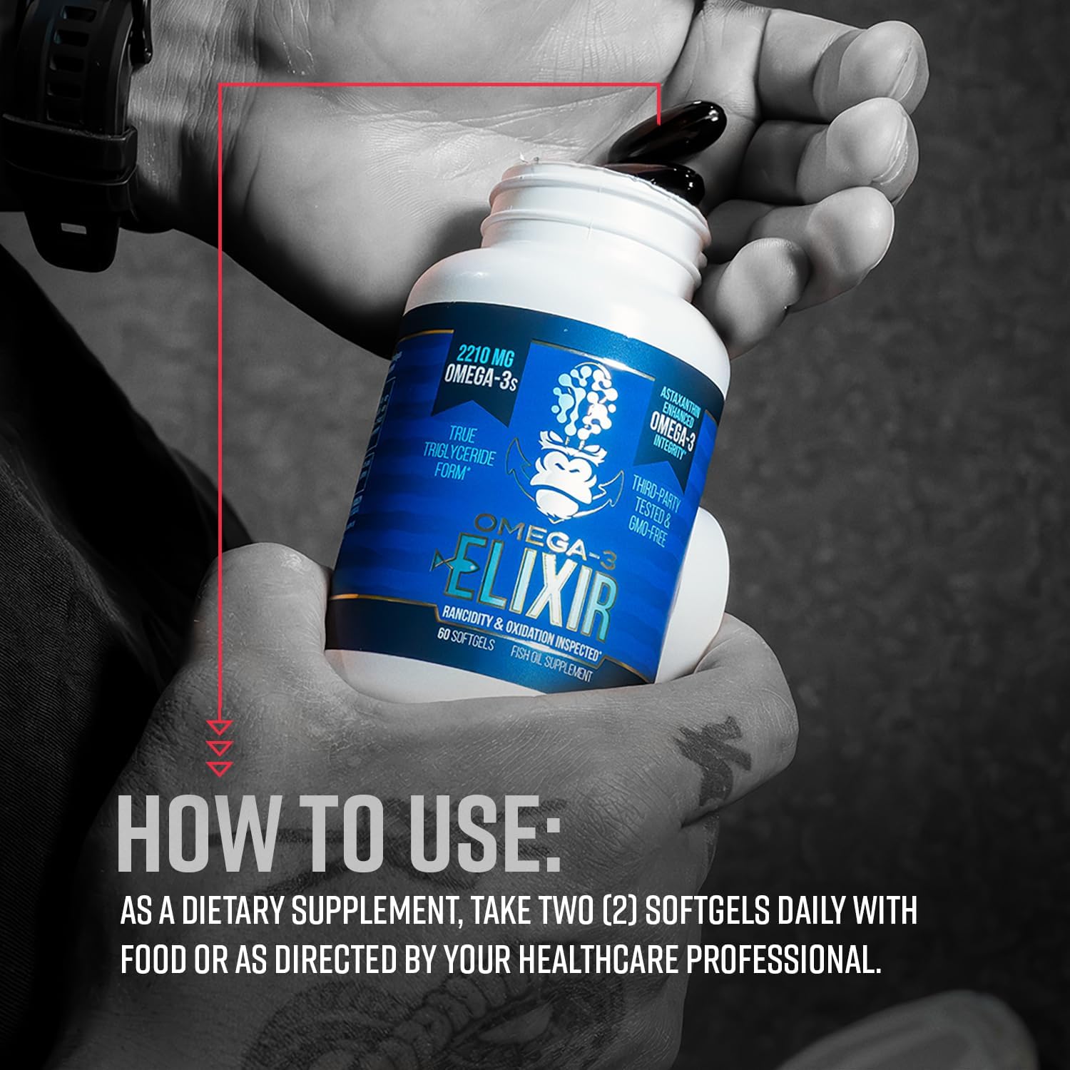 Gorilla Mind Omega-3 Elixir™ | 2210mg Fish Oil Re-Esterified Triglyceride Form | EPA, DHA + 2 Fatty Acids | Astaxanthin Infusion for Bolstered Integrity | 3rd Party & Rancidity Tested | 60 Softgels