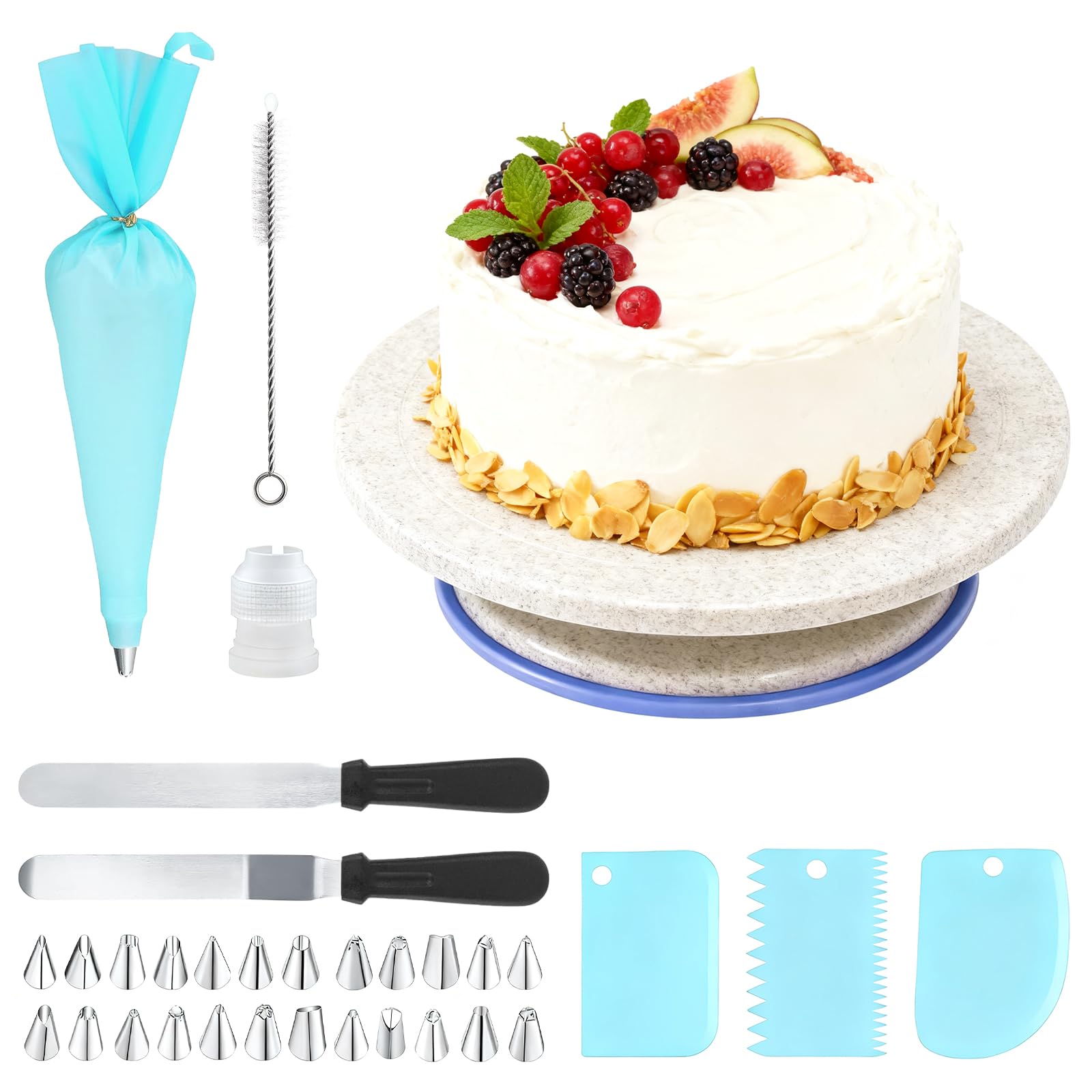 Kit per Decorare Torte, Piatto Girevole per Torte, Supporto Girevole per Torte con Palette Angolari, Raschietto, Pasticceria, 24x Punte, Pasticceria Accessori